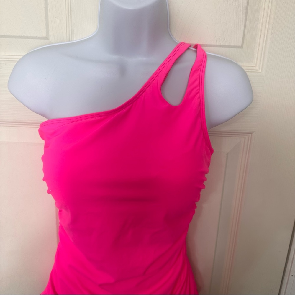 NWT Holipick Ruched Keyhole One Shoulder Ruched One Piece Neon Pink Size Large - Picture 2 of 9